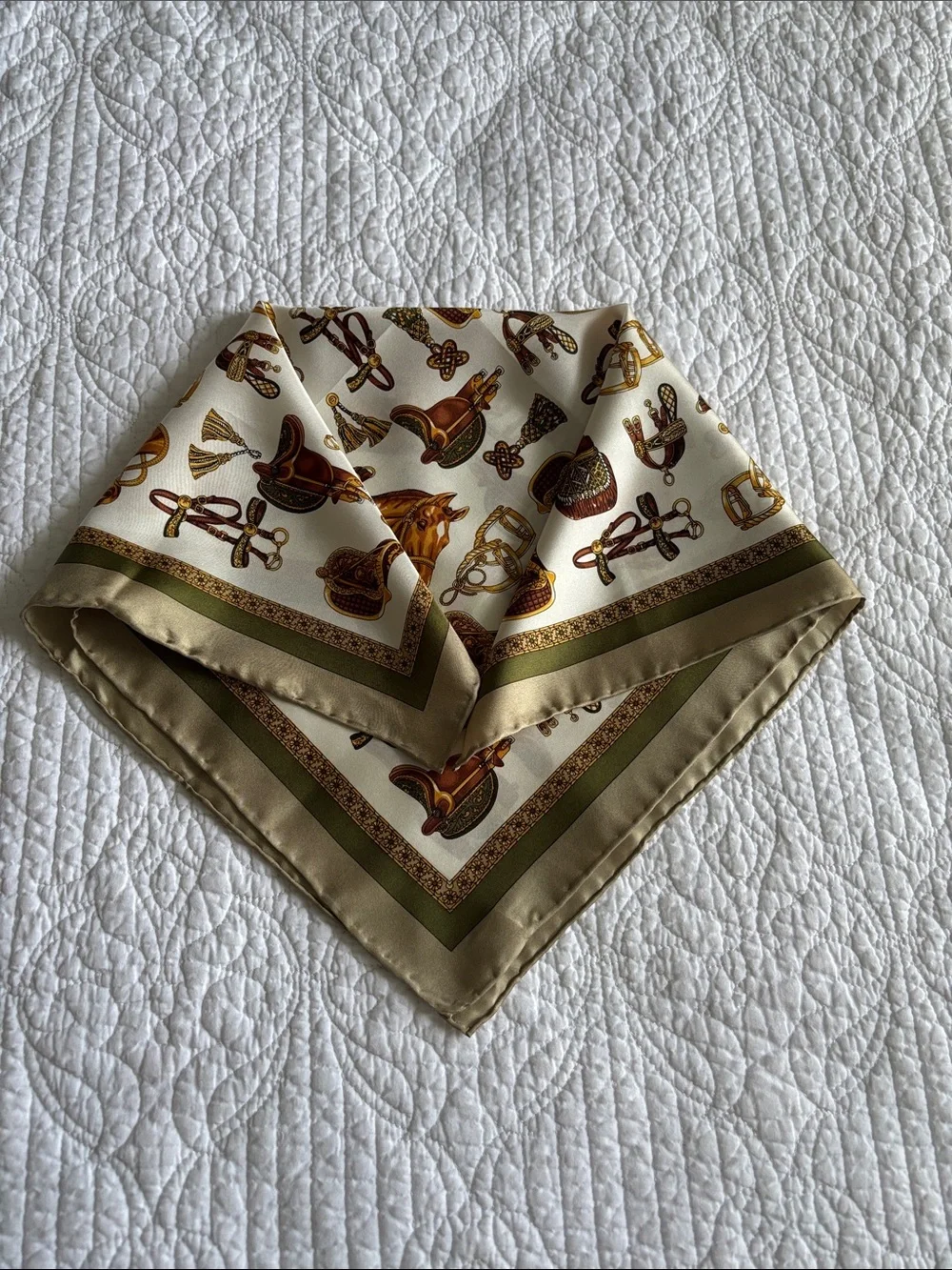 Unbranded Equestrian Motif Print Silk Scarf Ivory Gold & Olive Handmade